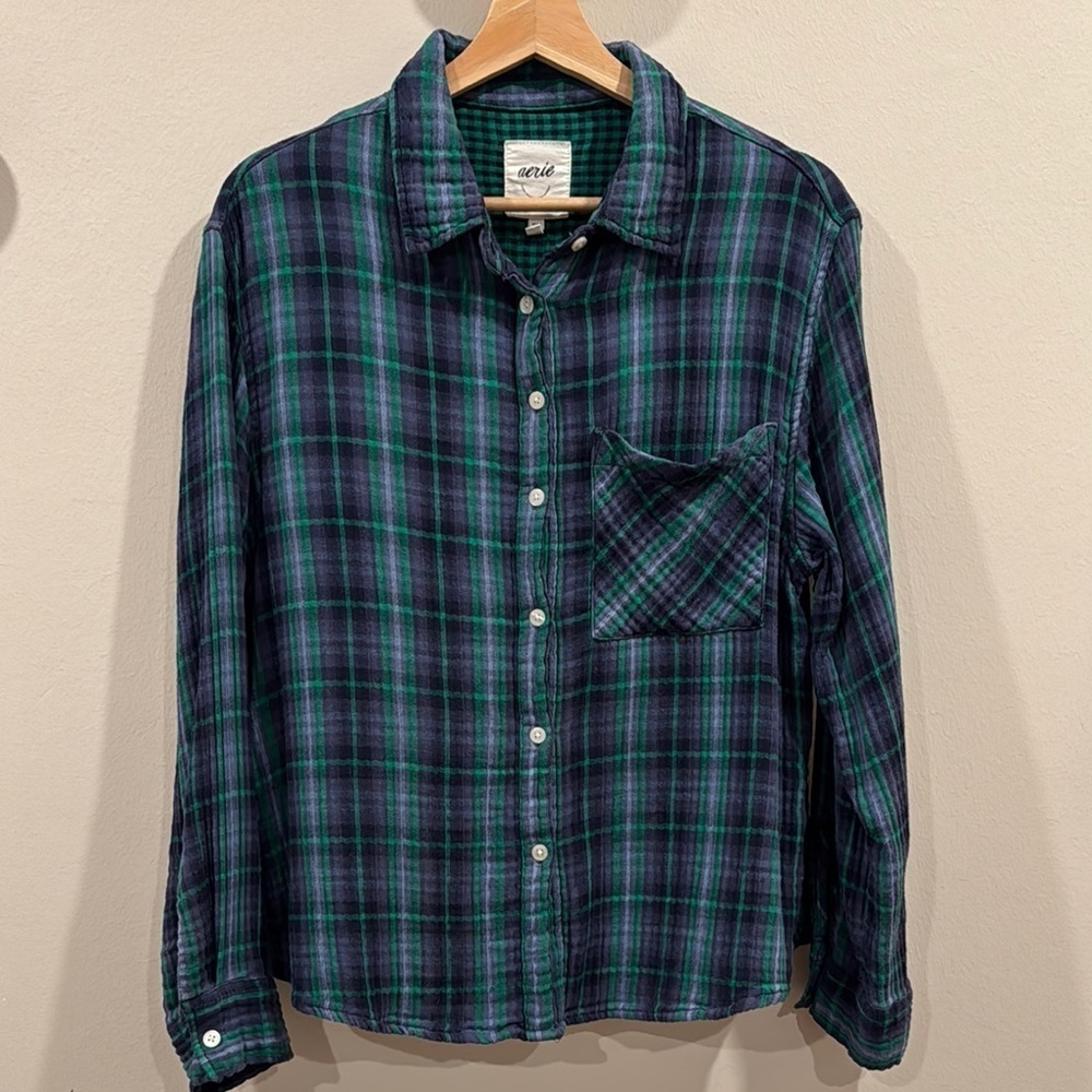 Aerie Women’s Plaid Long Sleeve Button Down Shirt Green Blue Size M